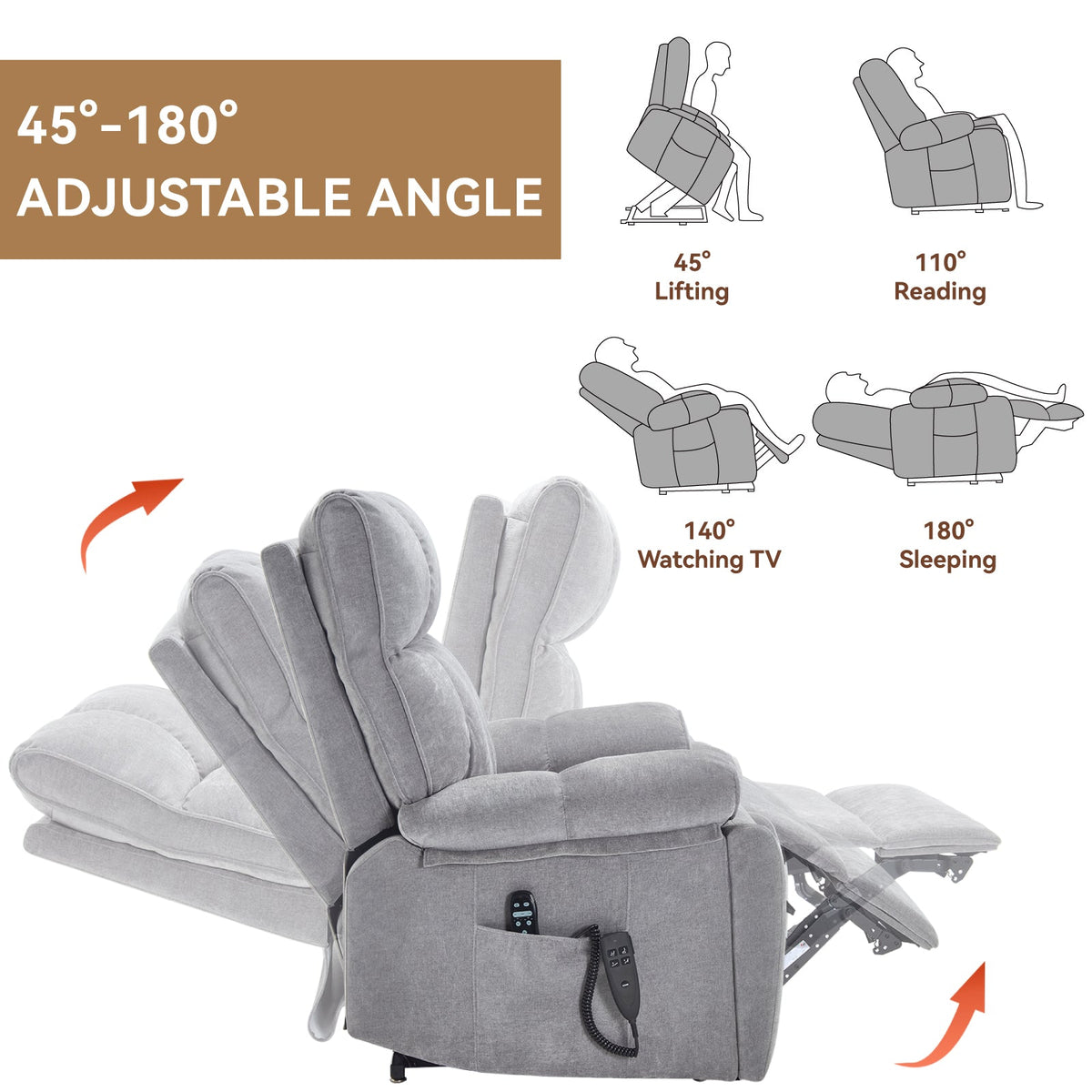 Grey Heat Massage Dual Motor Power Lift Recliner with Chenille Upholstery - Grey