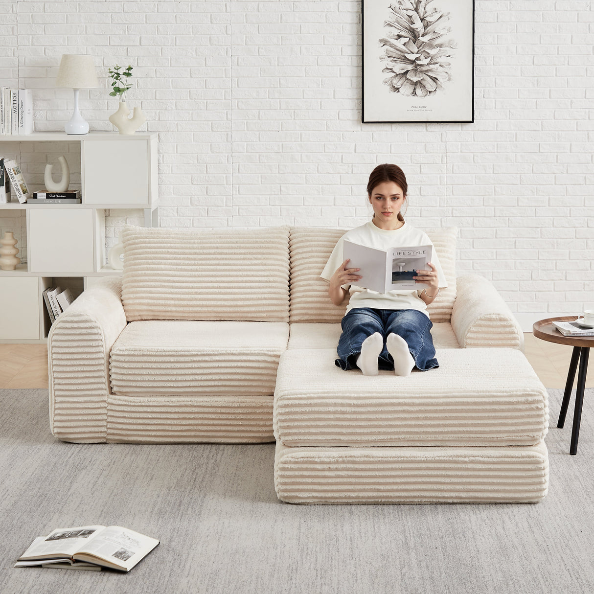 Minimalist Corduroy Sofa Bed with Two Throw Pillows