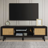 63'' Dark Rattan TV Stand with 2 Storage Cabinets and Solid Wood Legs