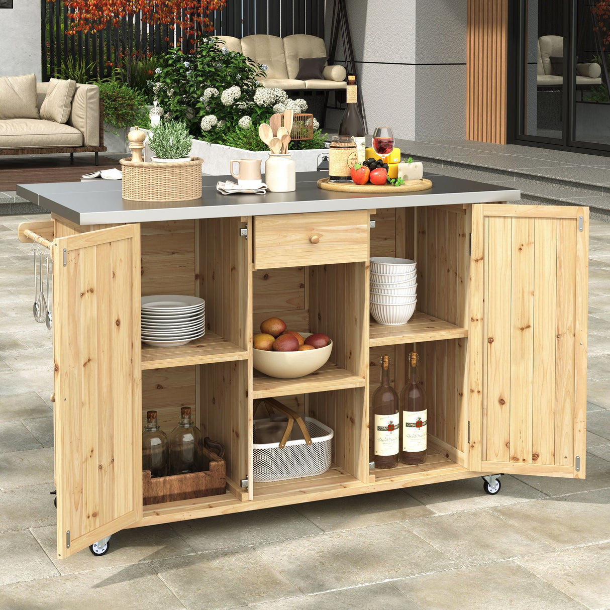 Outdoor Kitchen Island With Stainless Steel Top, Ample Storage Space, Towel And Spice Racks And A Bottle Opener