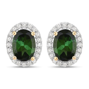 1.92 Carat Genuine Green Tourmaline and White Diamond 14K Yellow Gold Earrings