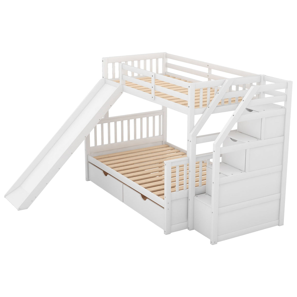 Bunk Bed With Storage Staircase, Slide, Desk, Drawers, And Shelves