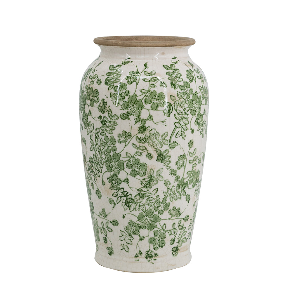 6.5x6.5x11.6' White Ceramic Flower Vase with Green Floral Pattern
