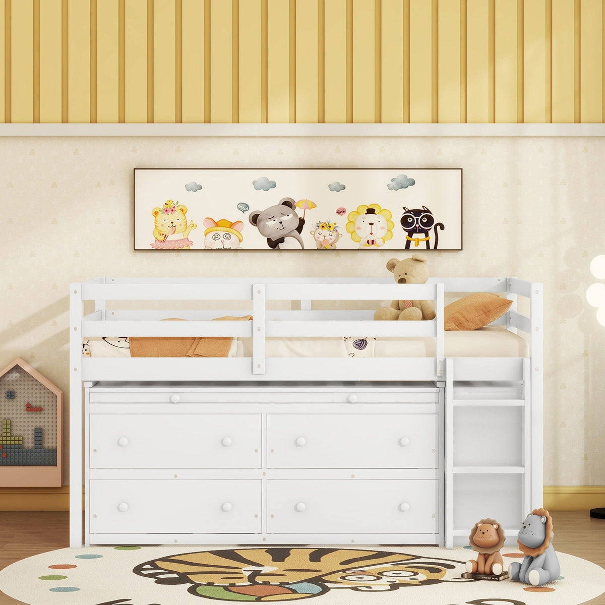 Loft Bed With Retractable Writing Desk And 4 Drawers, With Lateral Portable Desk And Shelves
