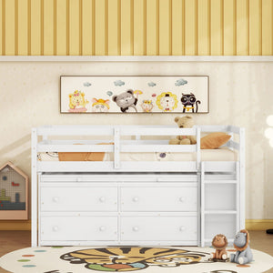 Loft Bed With Retractable Writing Desk And 4 Drawers, With Lateral Portable Desk And Shelves