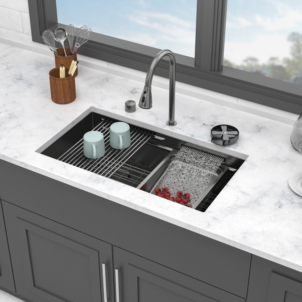 Undermount Stainless Steel Kitchen Sink With Pull Down Faucet & Ledge Workstation