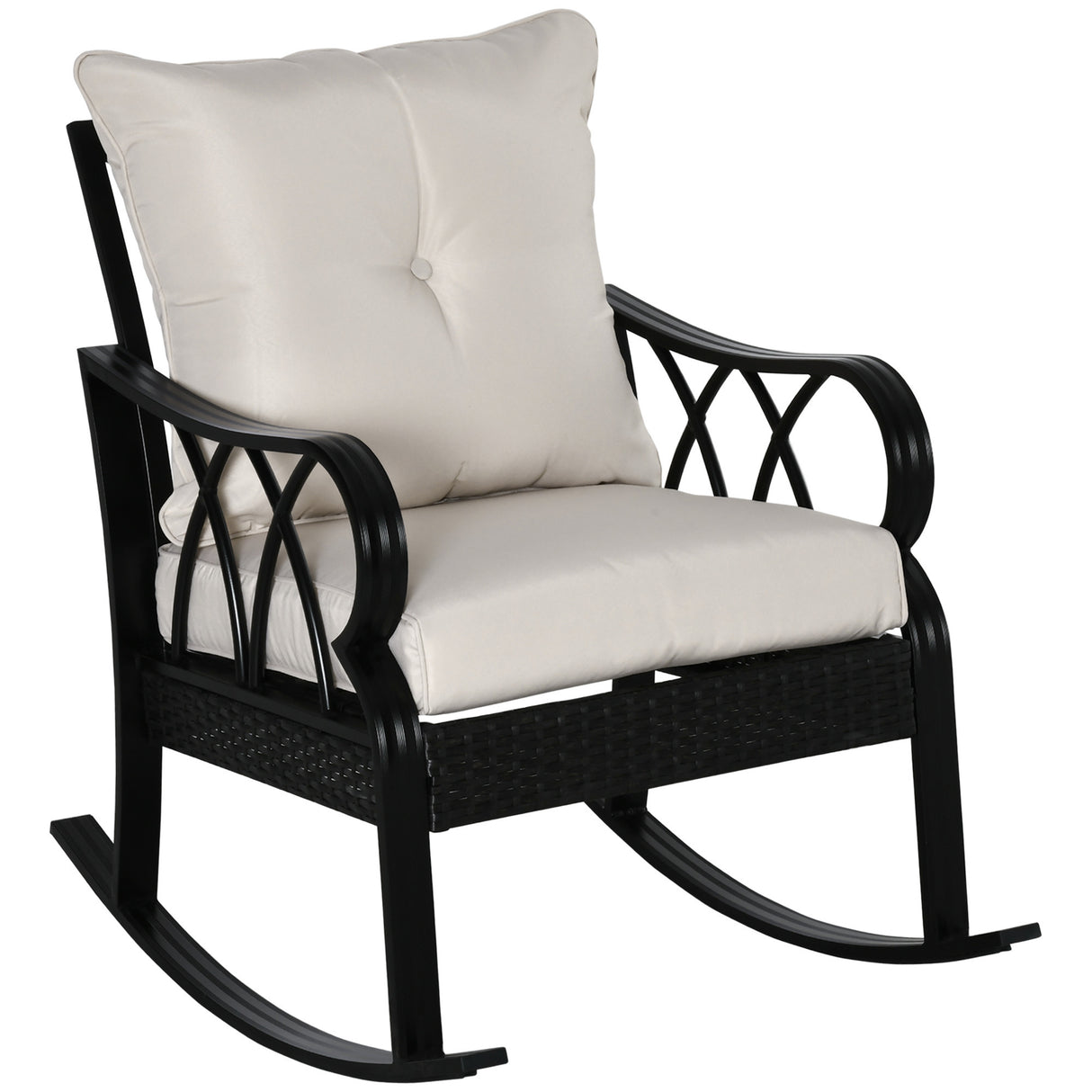 Outdoor wicker rocking chair with padded cushions, aluminum furniture rattan porch rocker chair w/ armrest