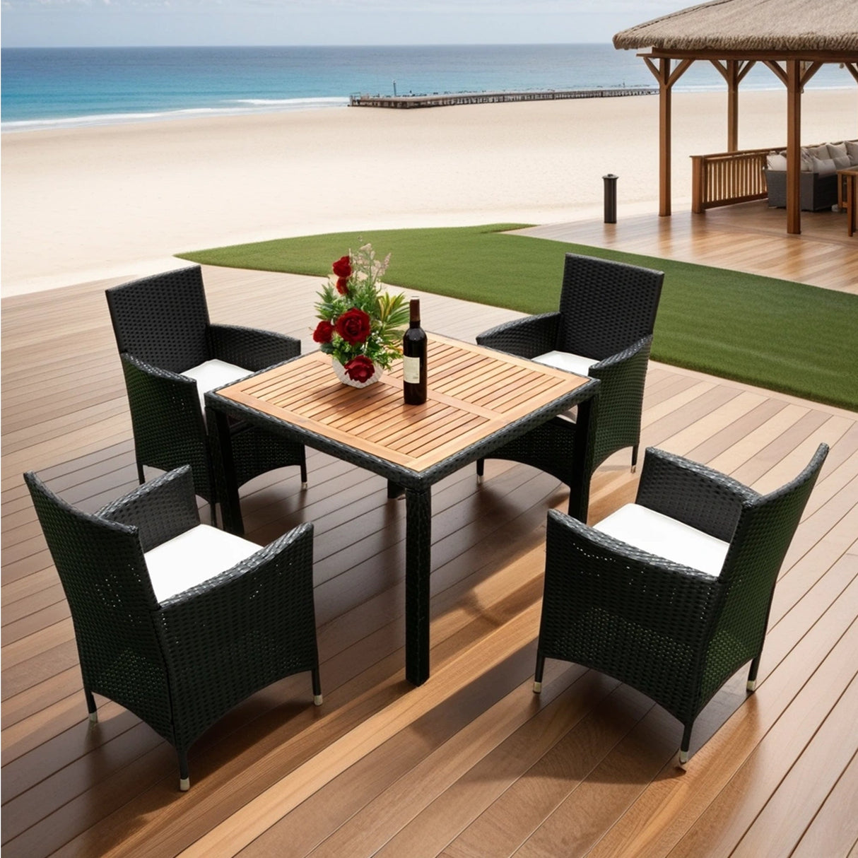 EELIFEE 5-Piece Outdoor Patio Wicker Dining Set with Acacia Wood Top