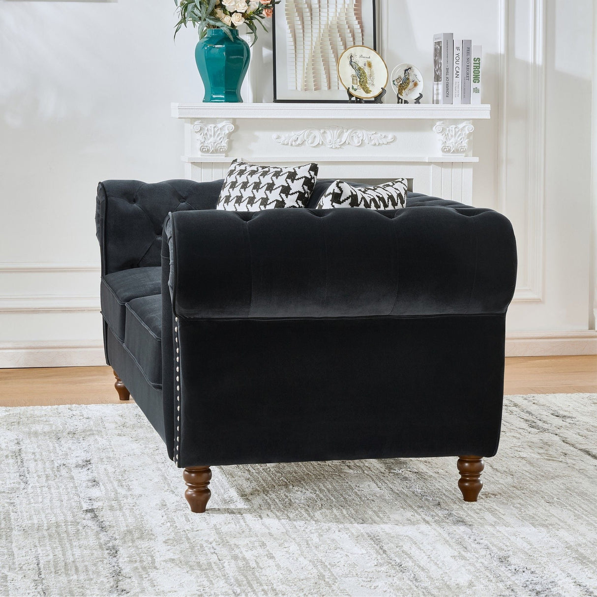 Chesterfield Upholstery Fabric Sofa With Roll Armrest & Nailhead, Mid Century Modern 3 And 3 Seater Couch