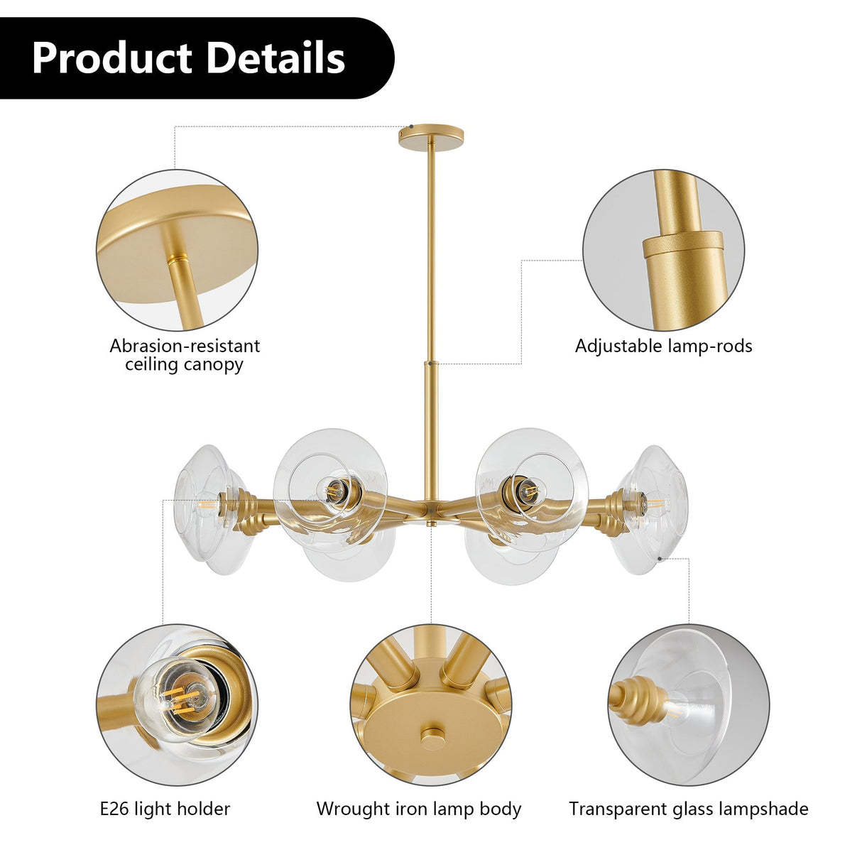 36' Modern Gold 8-Light Sputnik Chandelier with Clear Glass Shades, Mid-Century Hanging Pendant Light Fixture for Dining Room, Living Room, or Kitchen (Bulb Not Included)