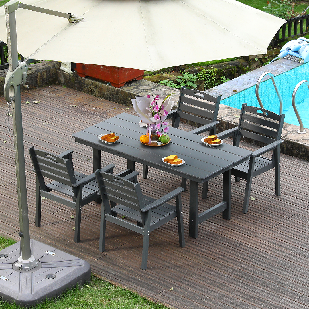 HDPE outdoor patio dining set, one table and four chairs. The outdoor dining furniture has sunshade holes and is suitable. It is suitable for lawns, gardens, backyards, and pool sides.Grey,Waterproof