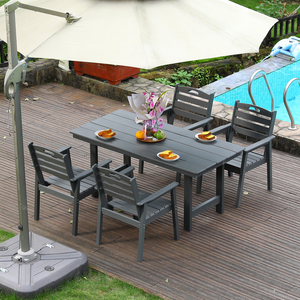 HDPE outdoor patio dining set, one table and four chairs. The outdoor dining furniture has sunshade holes and is suitable. It is suitable for lawns, gardens, backyards, and pool sides.Grey,Waterproof