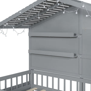 House Bed With Shelves, Window And Sparkling Light Strip On The Roof