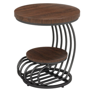 Round Vintage End Table With 2 Tier Storage