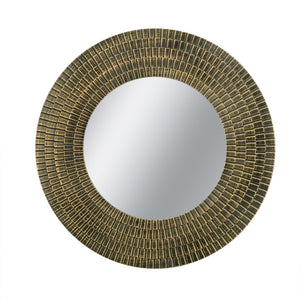 Round Gold and Black Wooden Accent Mirror with Woven Texture - 29.5"