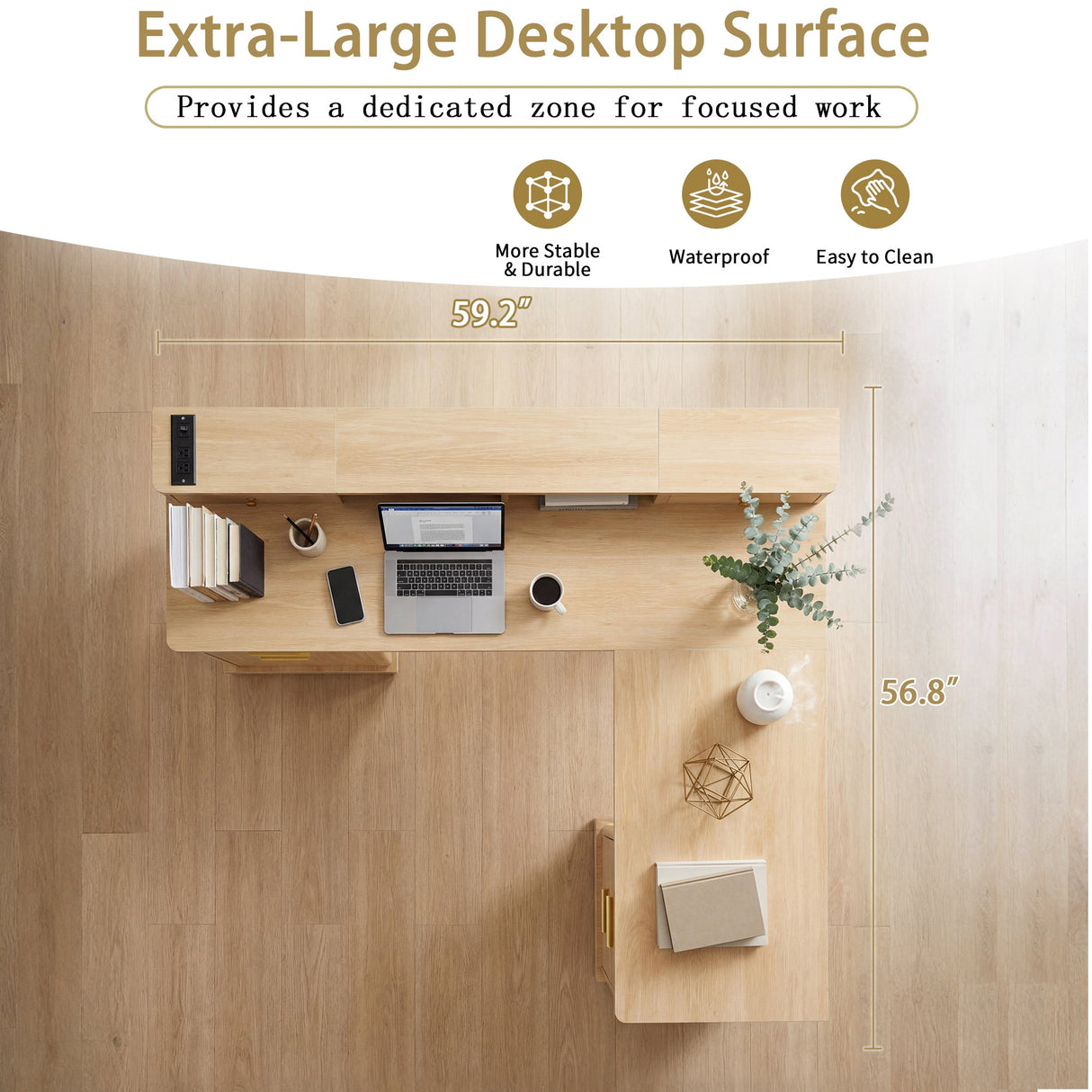 59" Modern Fluted L-Shaped Desk with Charging Station & Storage