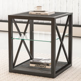 Modern End Table Nightstand with Tempered Glass & Wood Grain MDF