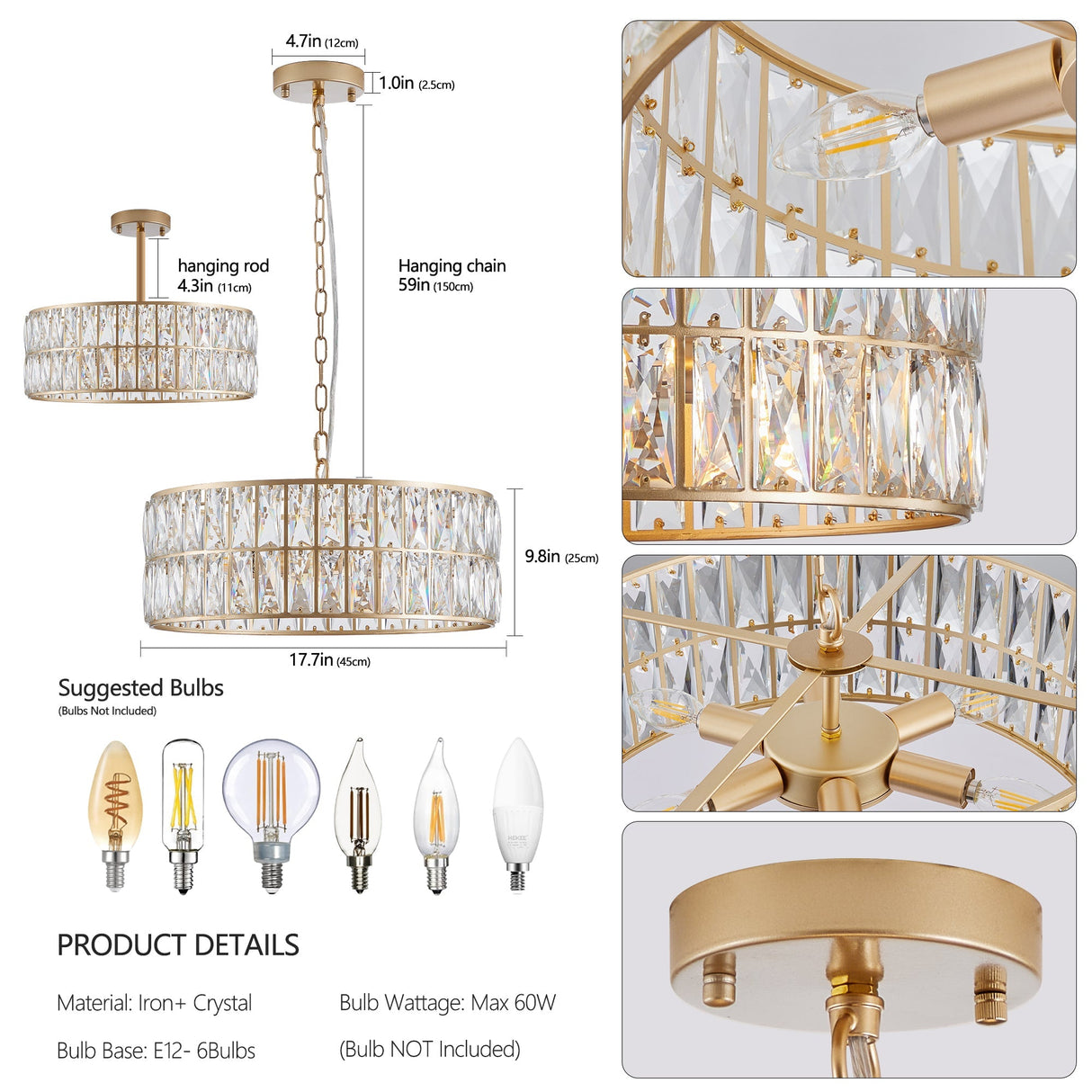 18' Golden Modern Crystal Drum Chandelier, 6-Light Pendant Lighting Fixture with Metal Frame
