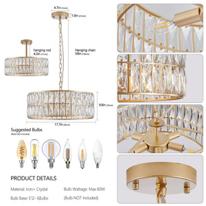 18' Golden Modern Crystal Drum Chandelier, 6-Light Pendant Lighting Fixture with Metal Frame