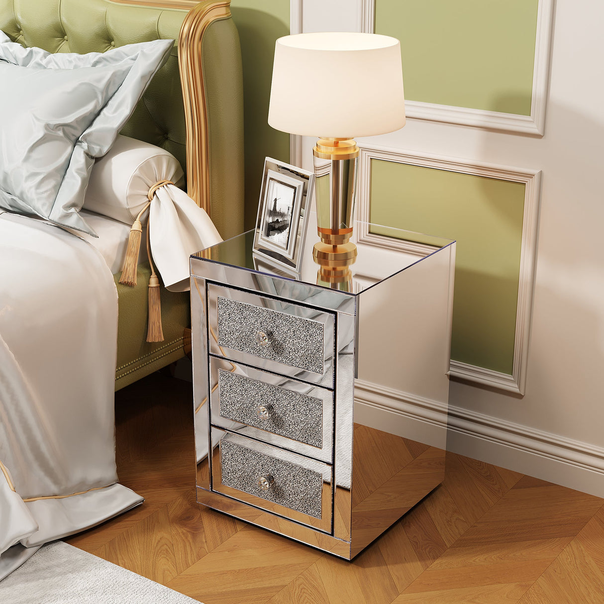 3-Drawer Mirrored Nightstand Bedside Table