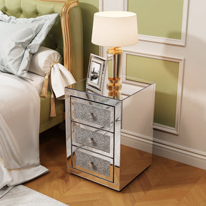 3-Drawer Mirrored Nightstand Bedside Table
