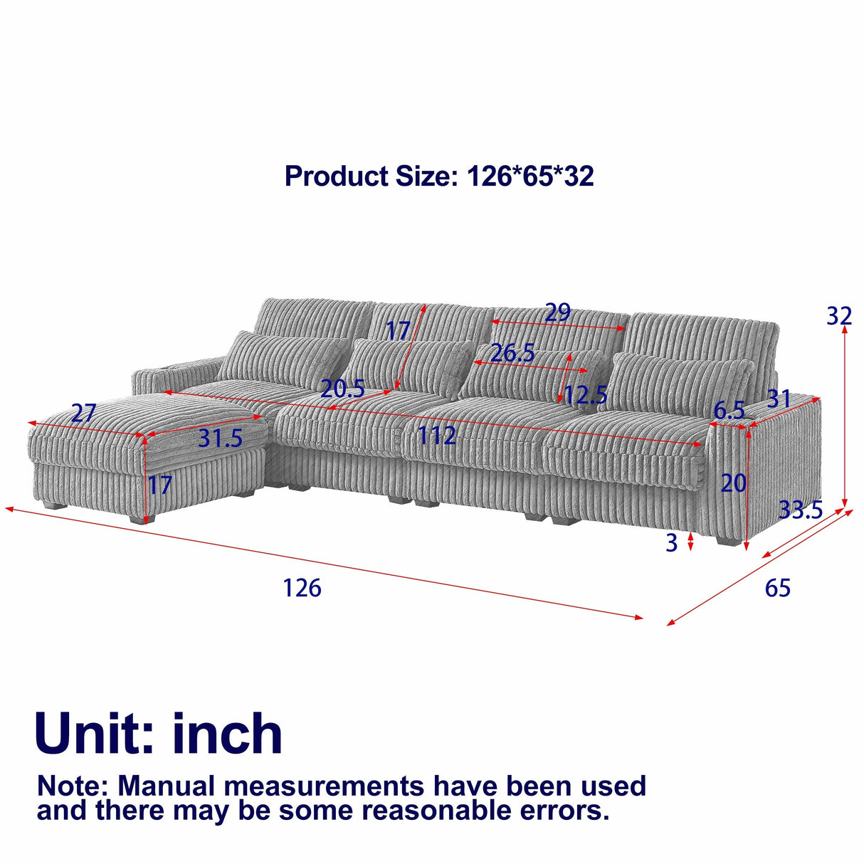 126-inch Corduroy With Cup Holder Super Large L-Shaped Sofa