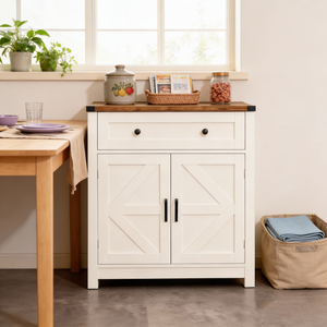 White & Wood-Grain Top Farmhouse Barn-Door Storage Cabinet