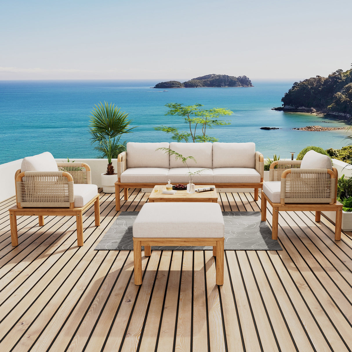 Outdoor 5-Piece Acacia Wood and Rope Patio Sofa Set
