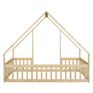 Wood House-Shaped Floor Bed With Fence, Guardrails