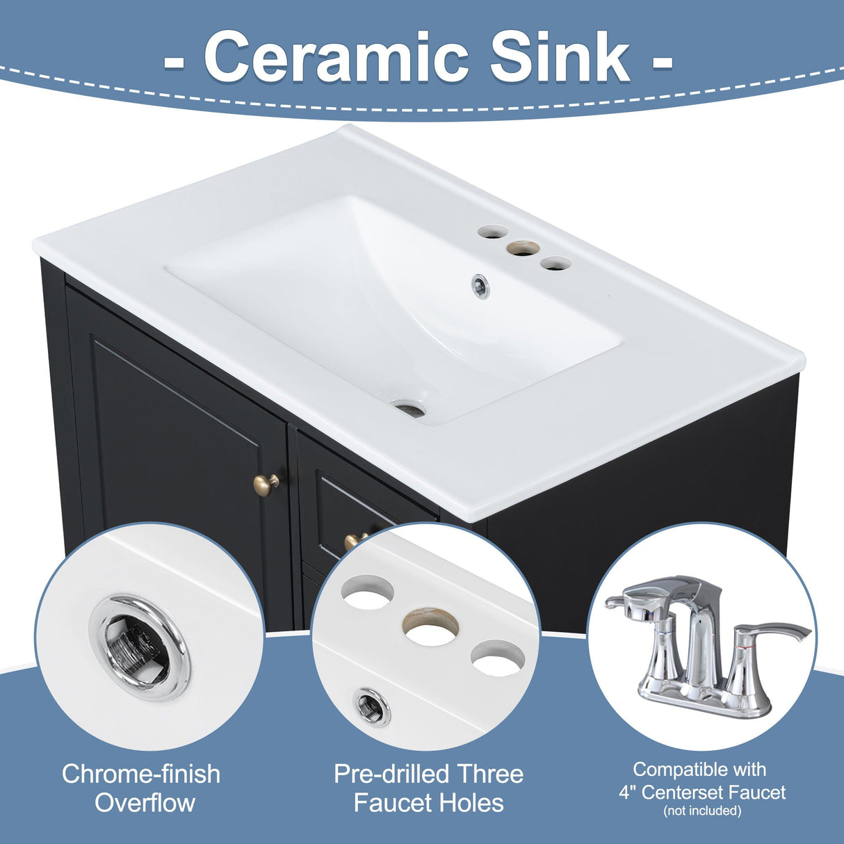 Freestanding Bathroom Vanity With Sink, Soft Close Door, 3 Drawers