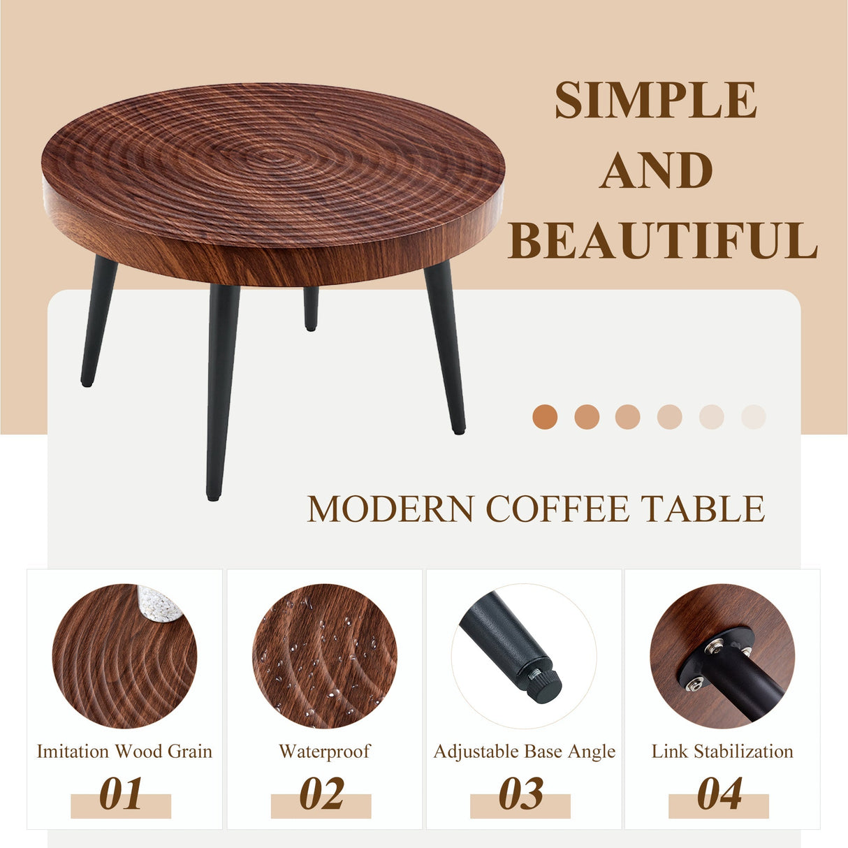 Modern Round Coffee Table - Walnut Pattern MDF And Black Metal Legs