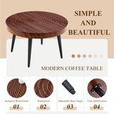 Modern Round Coffee Table - Walnut Pattern MDF And Black Metal Legs