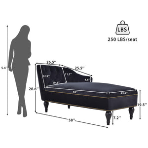 58" Velvet Chaise Lounge with Nailhead Trim and Solid Wood Legs