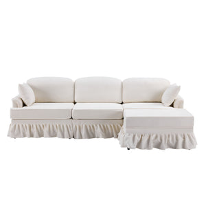 L-Shaped Sectional Sofa With Removable Ruffled Skirt, Flared Arms, Ottoman - White