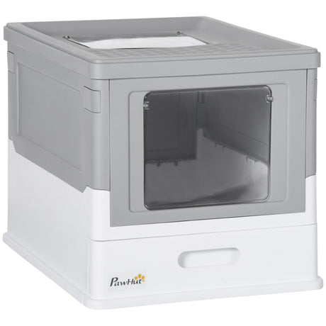 PawHut-Fully-Enclosed-Cat-Litter-Box-with-Scoop,-Hooded-Cat-Litter-House-with-Drawer-Type-Tray,-Foldable-Smell-Proof-Cat-Potty-with-Front-Entry,-Top-Exit,-Portable-Pet-Toilet-with-Large-Space,-Gray-Pet-Supplies