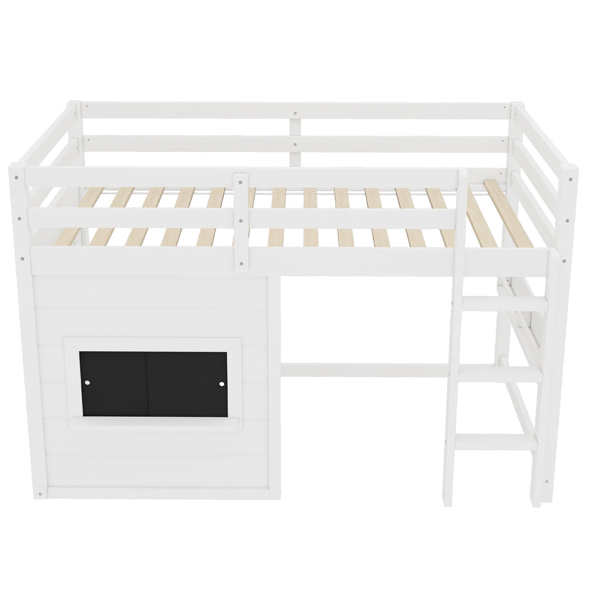 Twin Size Loft Bed With Sliding Chalkboard & Bookshelf