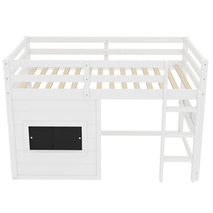 Twin Size Loft Bed With Sliding Chalkboard & Bookshelf
