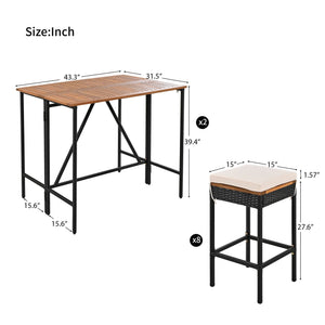 Acacia Wood Outdoor Bar Height Table Set with Cushioned Stools - Light Brown