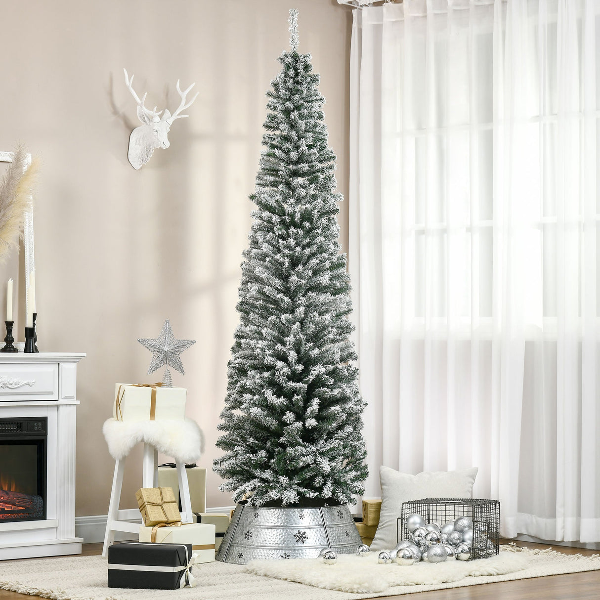 HOMCOM 7.5' Tall Unlit Snow-Flocked Slim Artificial Christmas Tree