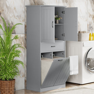 Modern Bathroom Storage Cabinet With Two Laundry Baskets, One Drawer, Adjustable Shelf