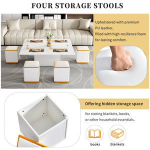 Lift Top Coffee Table With 4 Storage Stools