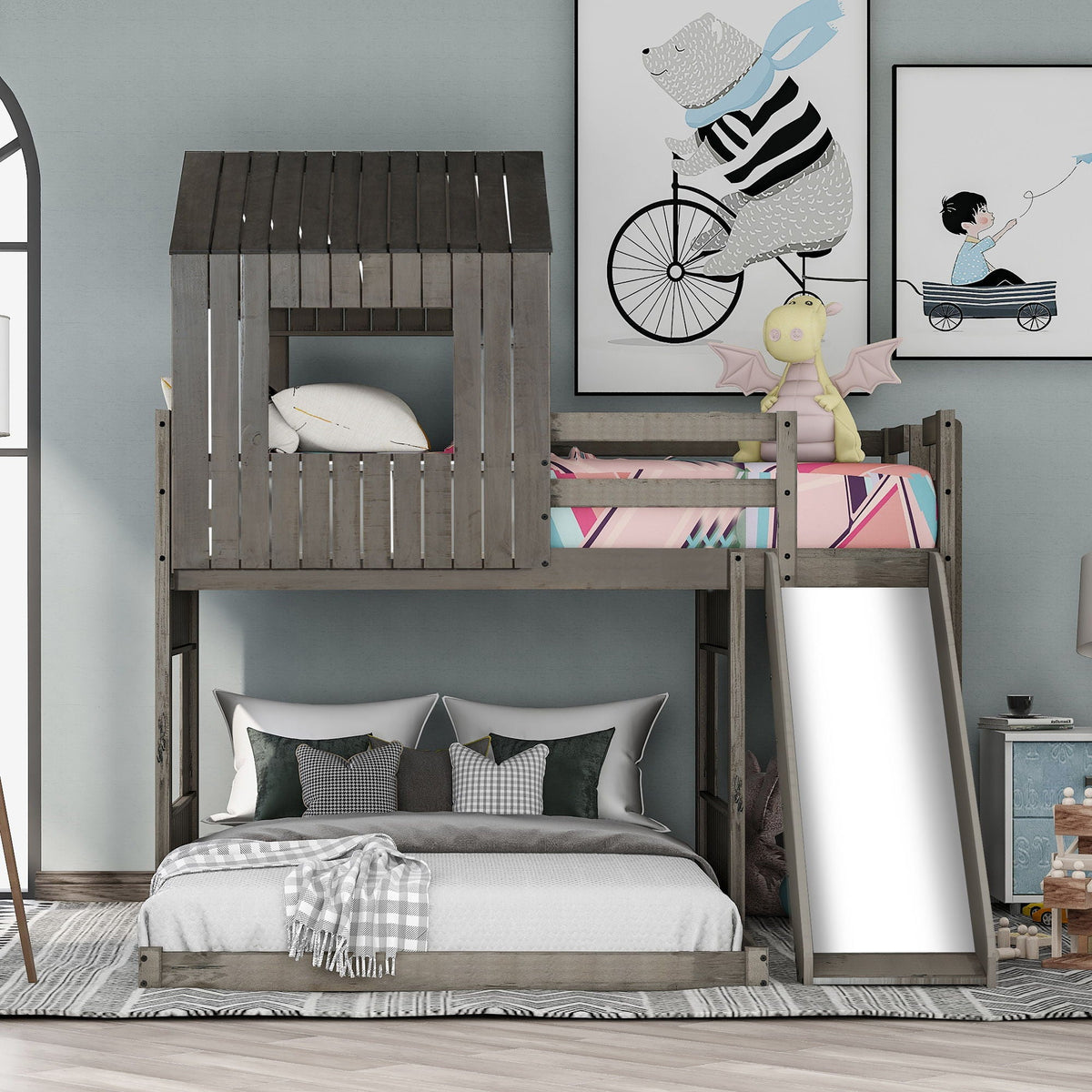 Loft Bunk Bed With Playhouse, Farmhouse, Ladder, Slide And Guardrails