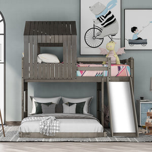 Loft Bunk Bed With Playhouse, Farmhouse, Ladder, Slide And Guardrails