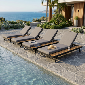 Black Iron + Teak Finish Chaise Lounge Set with Dark Grey Cushion