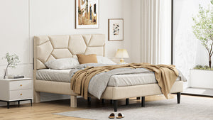 Queen Bed Frame with Linen Storage Headboard in Beige