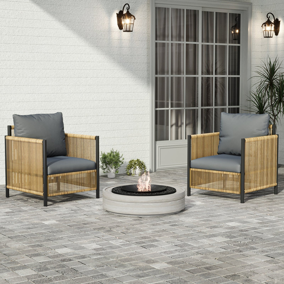 Patio 4-Piece Wicker Sofa Set with Grey Cushions - Brown