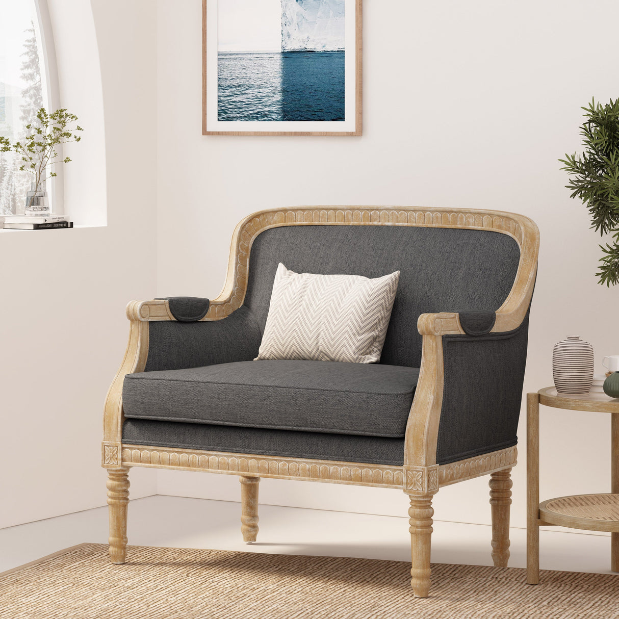 Becoming Upholstered Club Chair with Turned Leg and Carved Design