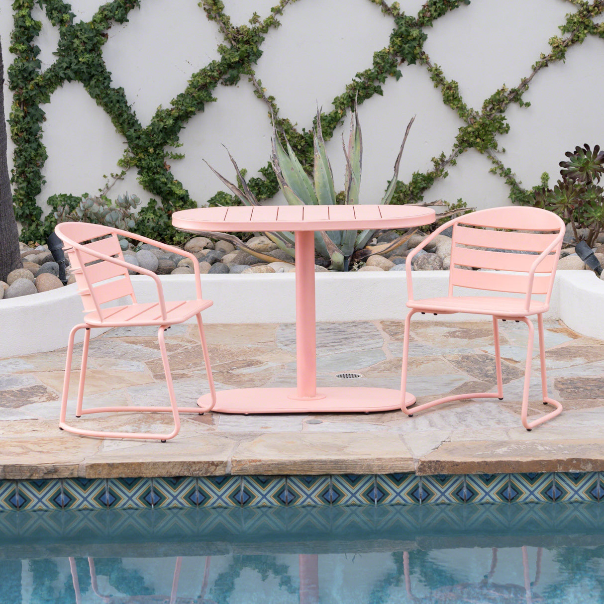 Outdoor Metal Seating Set with Coffee Table and 2 Chairs, Pink