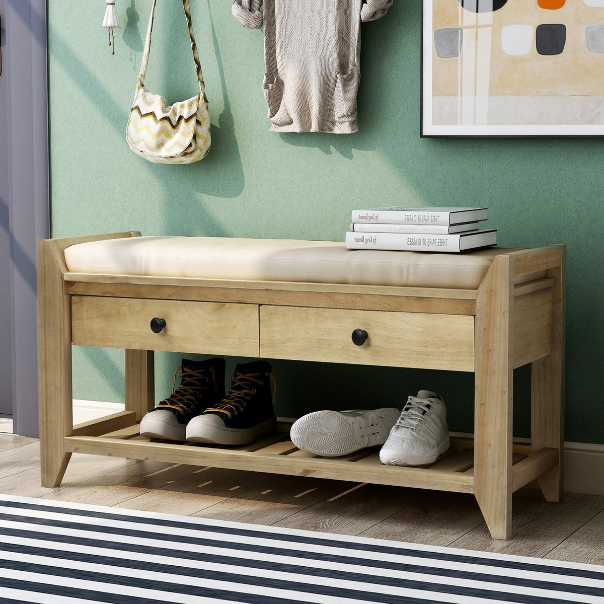 TREXM Shoe Rack with Cushioned Seat and Drawers