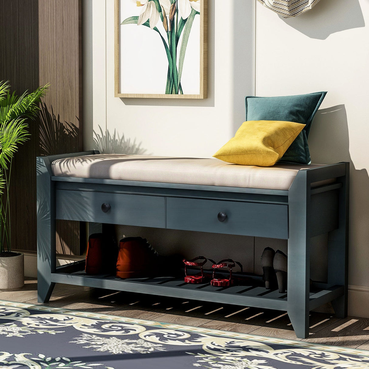 TREXM Shoe Rack with Cushioned Seat and Drawers